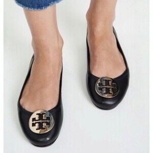 Tory Burch  Women’s  Shoe Minnie Metal Logo Flats  Leather Black Sz 9